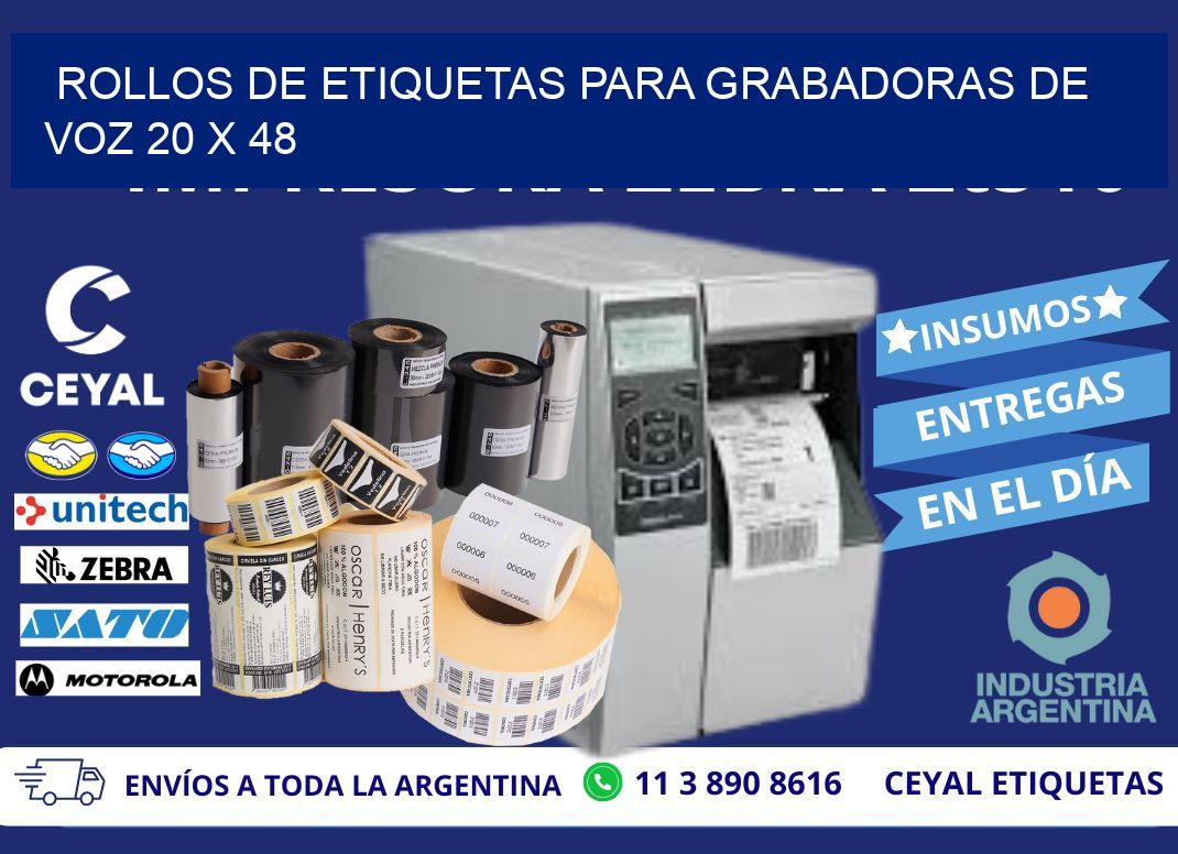 ROLLOS DE ETIQUETAS PARA GRABADORAS DE VOZ 20 x 48