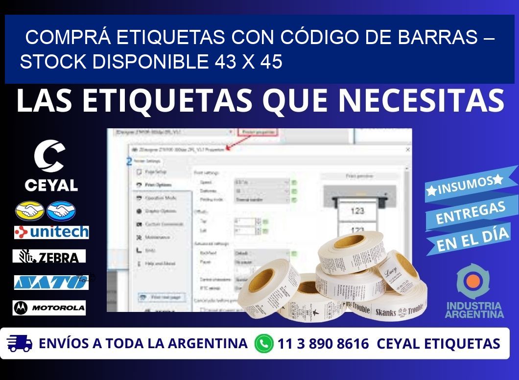 COMPRÁ ETIQUETAS CON CÓDIGO DE BARRAS – STOCK DISPONIBLE 43 x 45