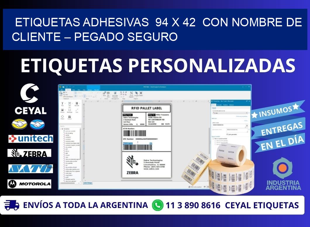 Etiquetas Adhesivas 94 x 42 con Nombre de Cliente – Pegado Seguro