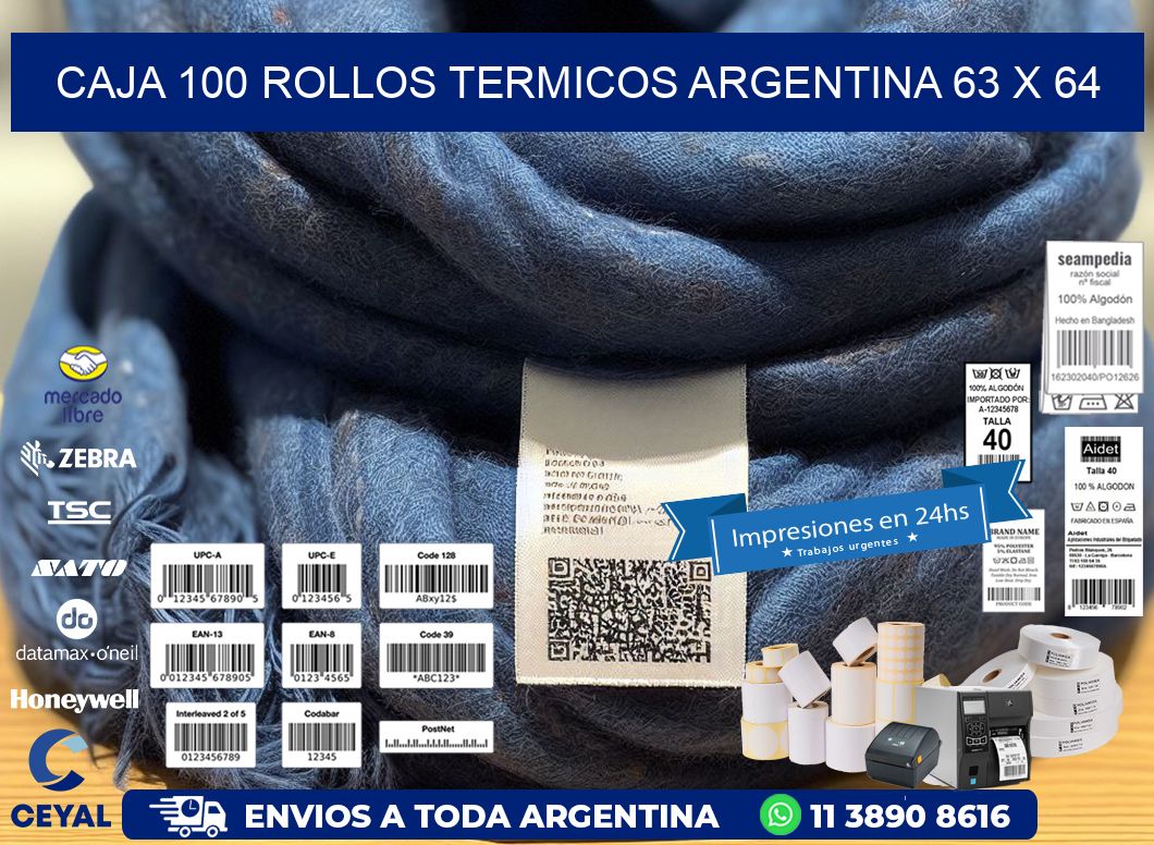 CAJA 100 ROLLOS TERMICOS ARGENTINA 63 x 64