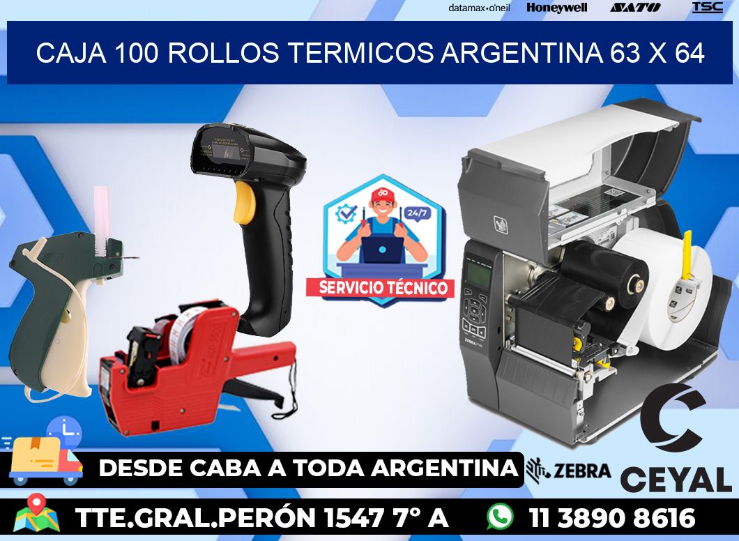 CAJA 100 ROLLOS TERMICOS ARGENTINA 63 x 64
