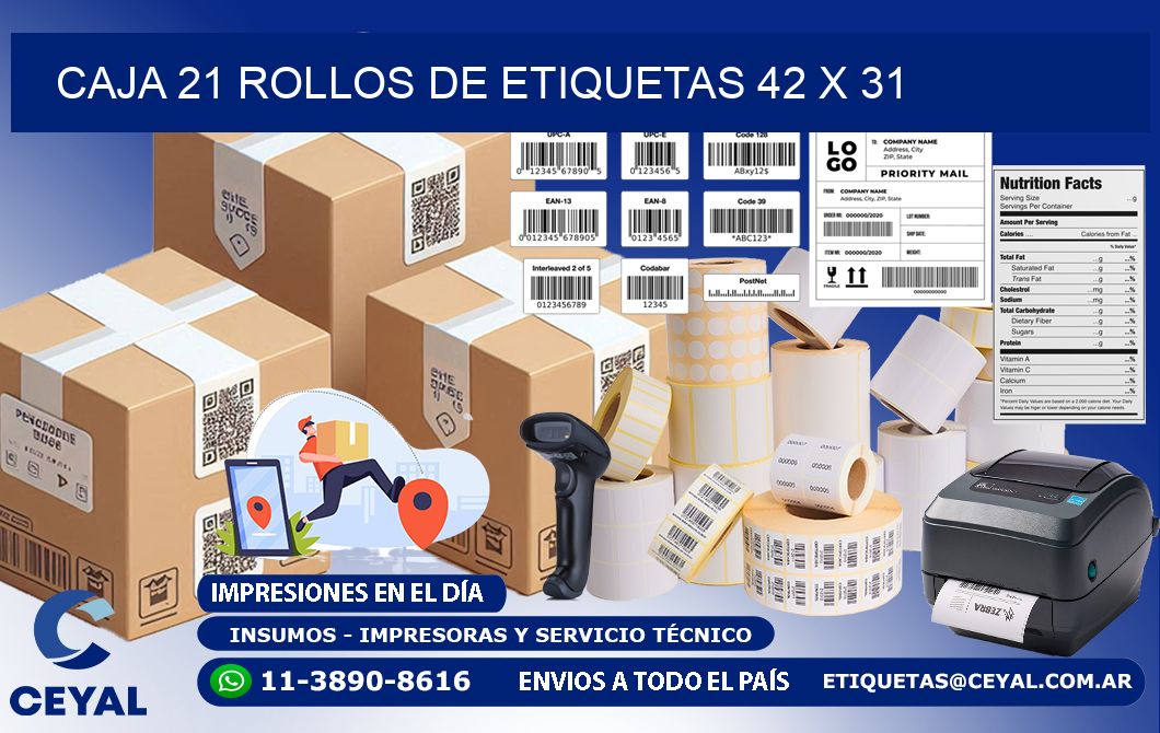 CAJA 21 ROLLOS DE ETIQUETAS 42 x 31