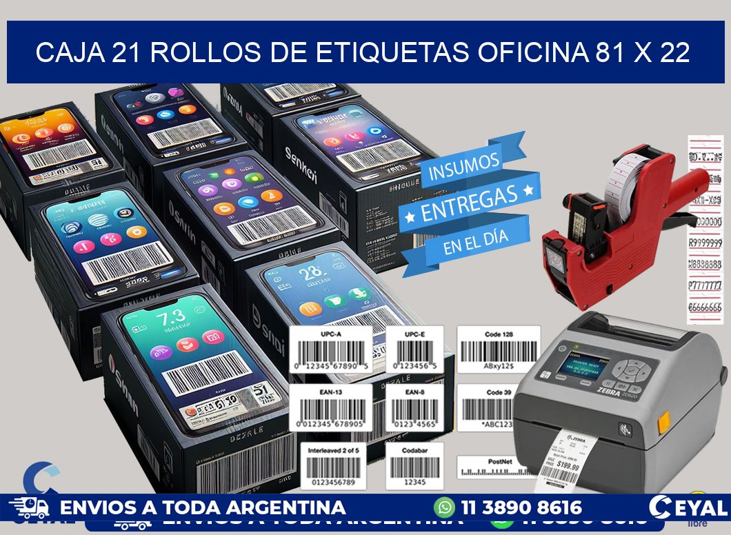 CAJA 21 ROLLOS DE ETIQUETAS OFICINA 81 x 22