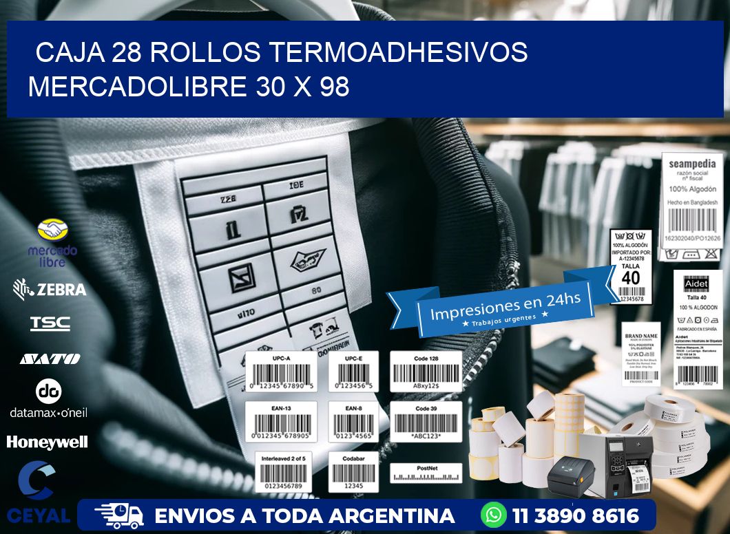 CAJA 28 ROLLOS TERMOADHESIVOS MERCADOLIBRE 30 x 98