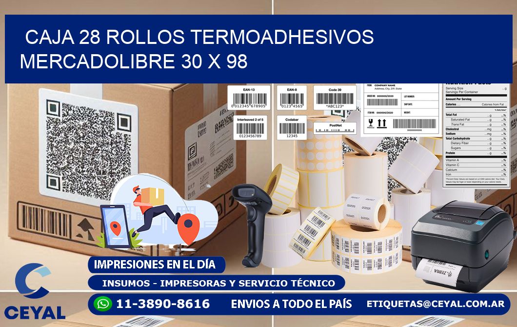 CAJA 28 ROLLOS TERMOADHESIVOS MERCADOLIBRE 30 x 98