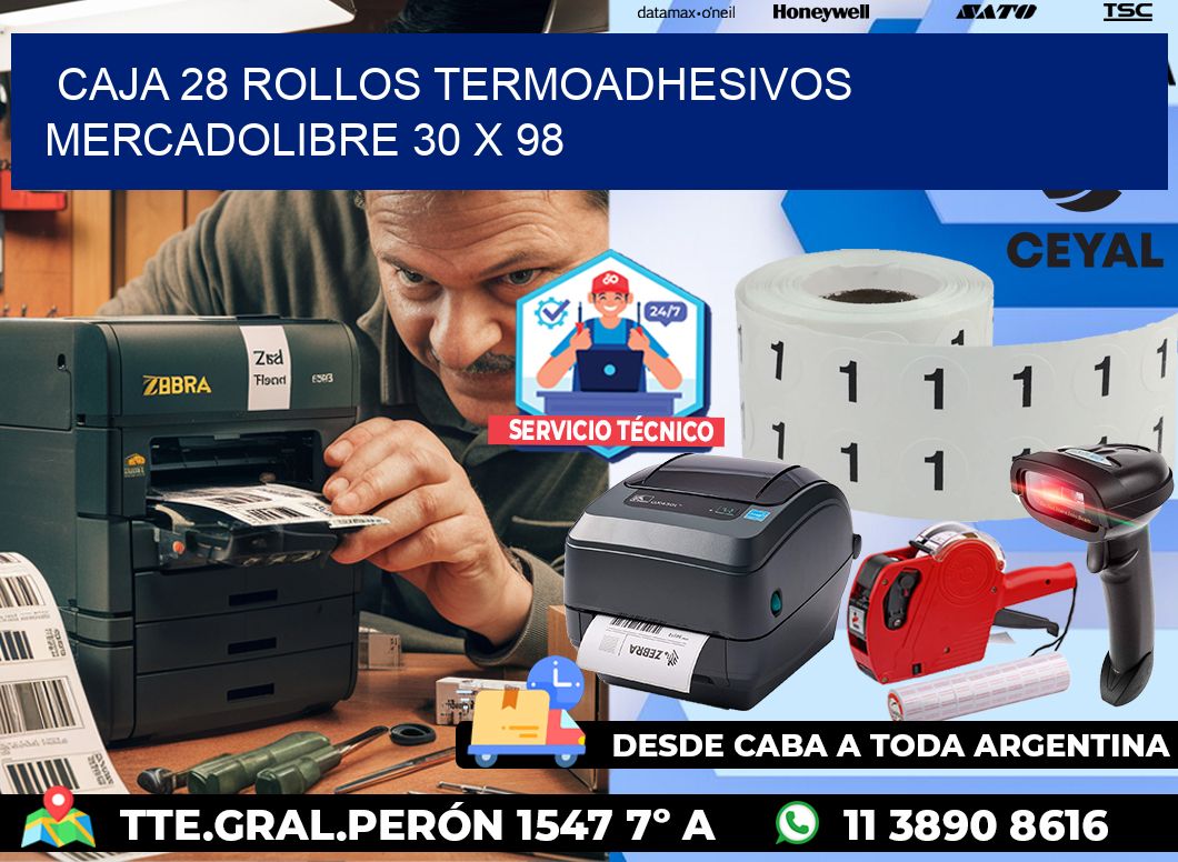 CAJA 28 ROLLOS TERMOADHESIVOS MERCADOLIBRE 30 x 98