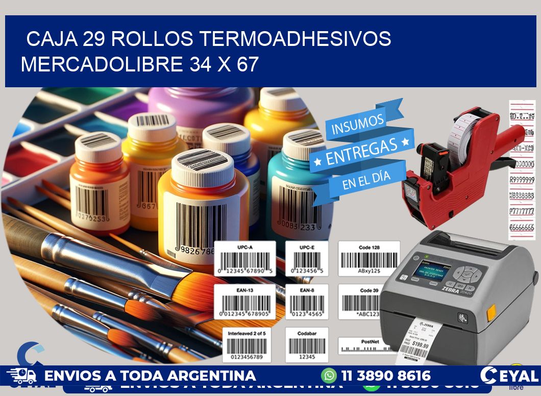 CAJA 29 ROLLOS TERMOADHESIVOS MERCADOLIBRE 34 x 67