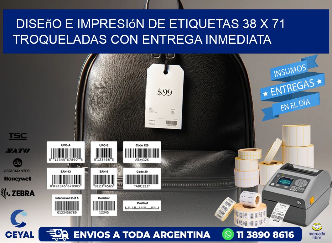 Diseño e impresión de etiquetas 38 x 71 troqueladas con entrega inmediata