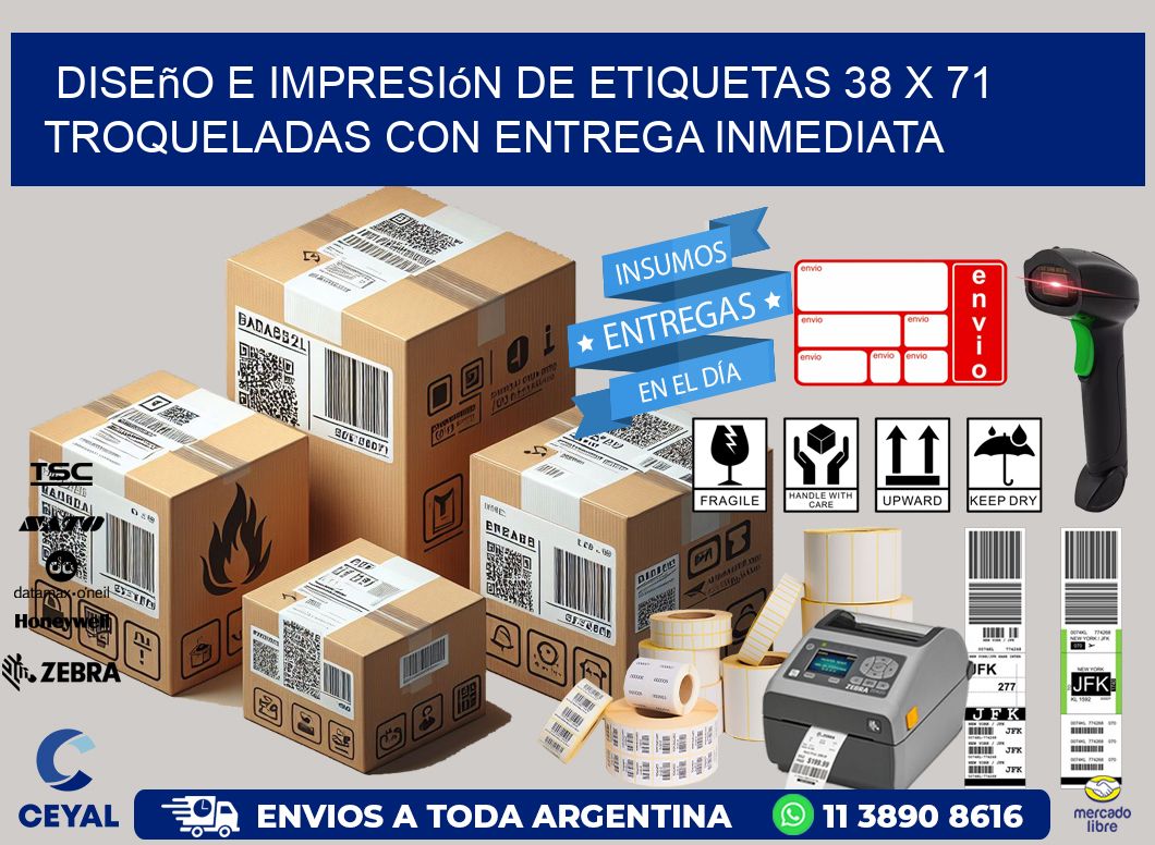 Diseño e impresión de etiquetas 38 x 71 troqueladas con entrega inmediata