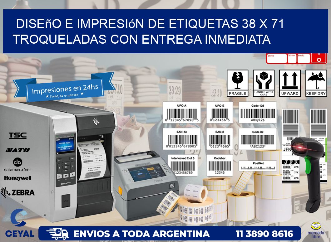Diseño e impresión de etiquetas 38 x 71 troqueladas con entrega inmediata