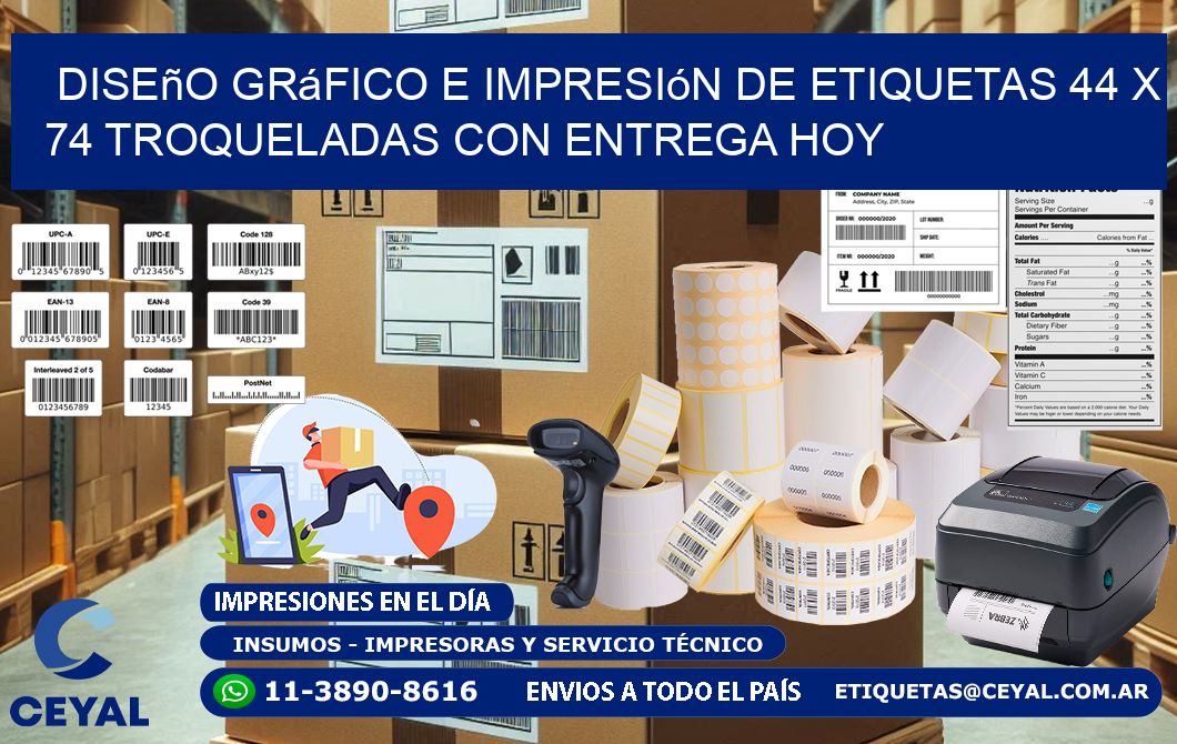 Diseño gráfico e impresión de etiquetas 44 x 74 troqueladas con entrega hoy