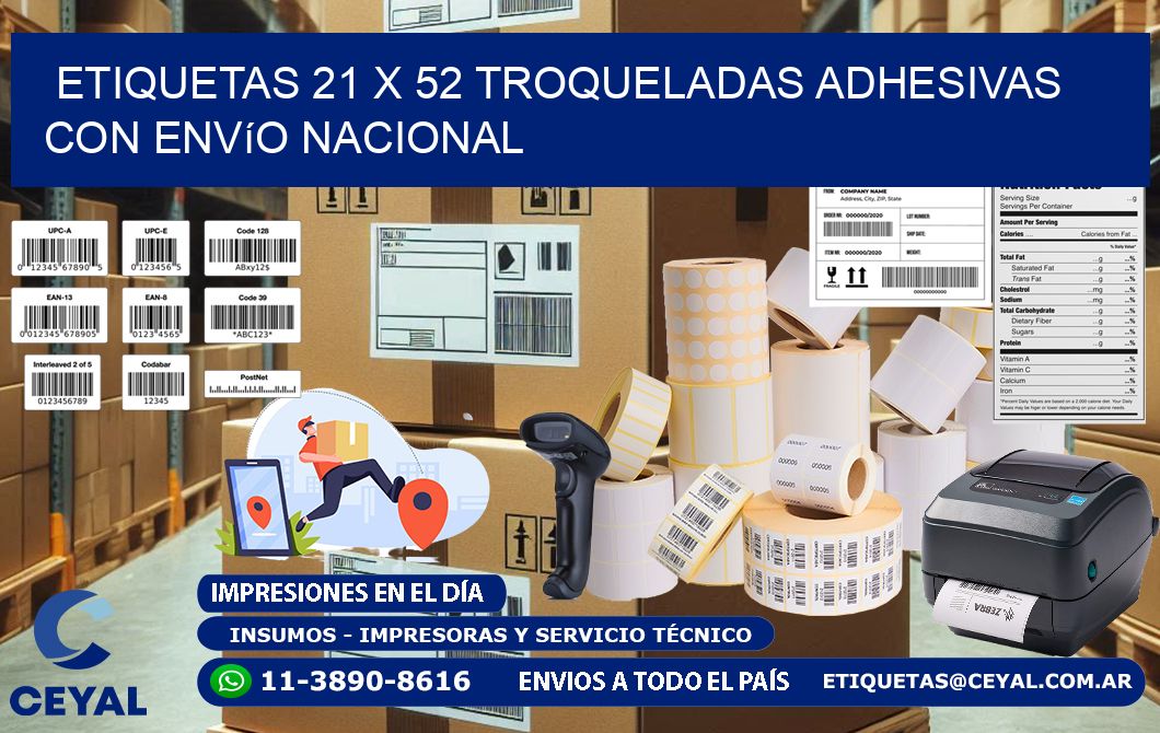 Etiquetas 21 x 52 troqueladas adhesivas con envío nacional