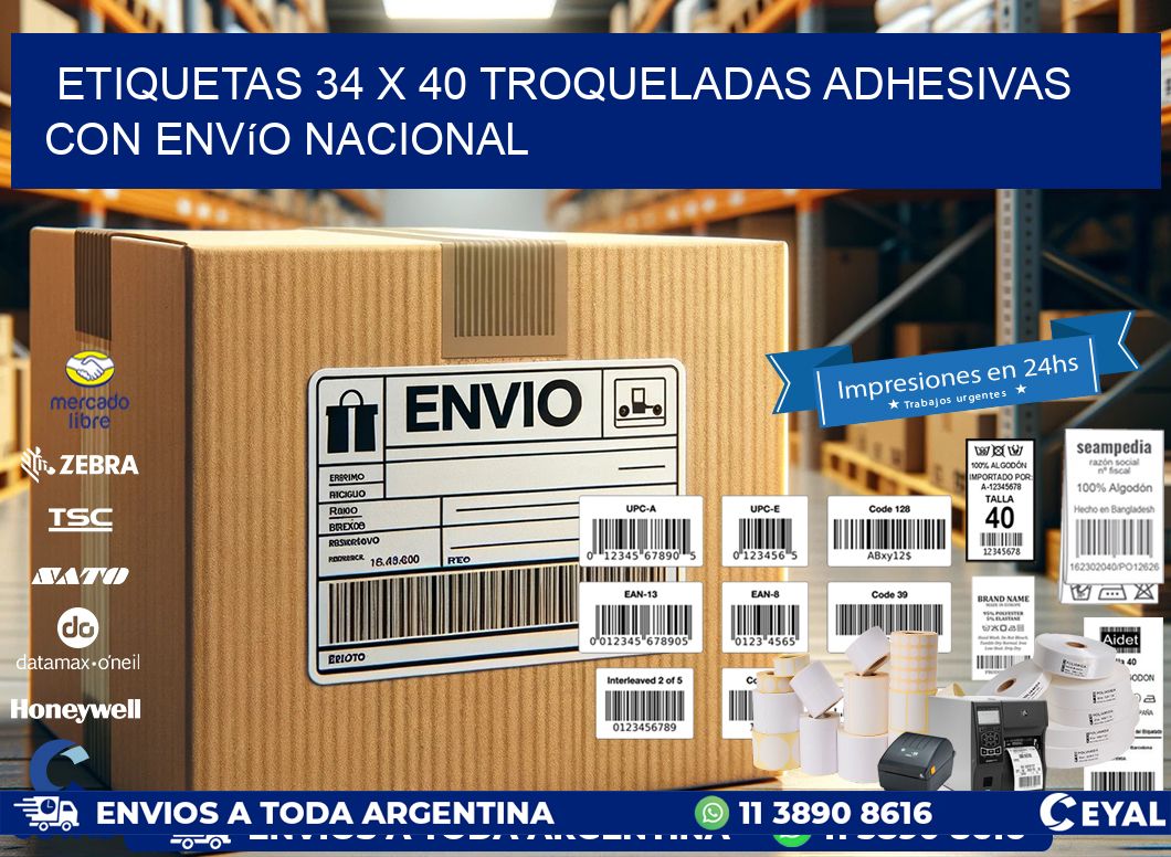 Etiquetas 34 x 40 troqueladas adhesivas con envío nacional