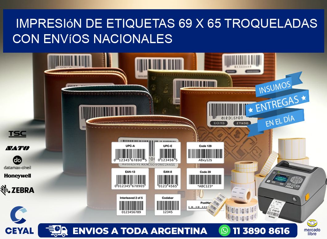 Impresión de etiquetas 69 x 65 troqueladas con envíos nacionales