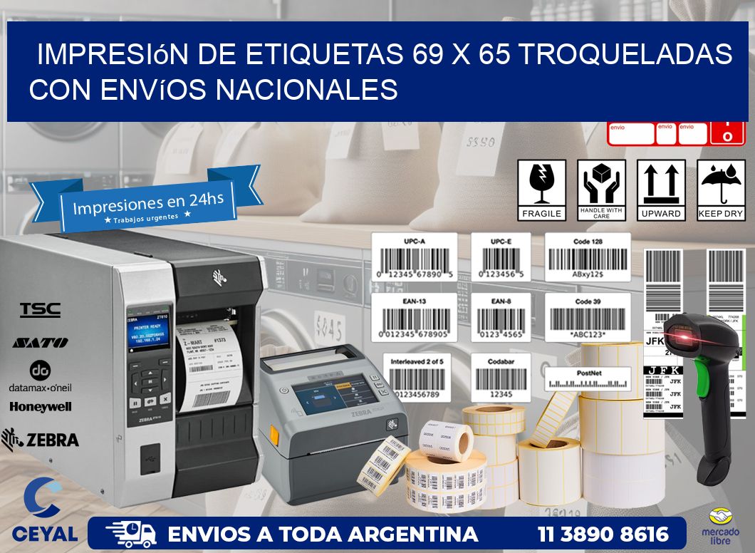 Impresión de etiquetas 69 x 65 troqueladas con envíos nacionales