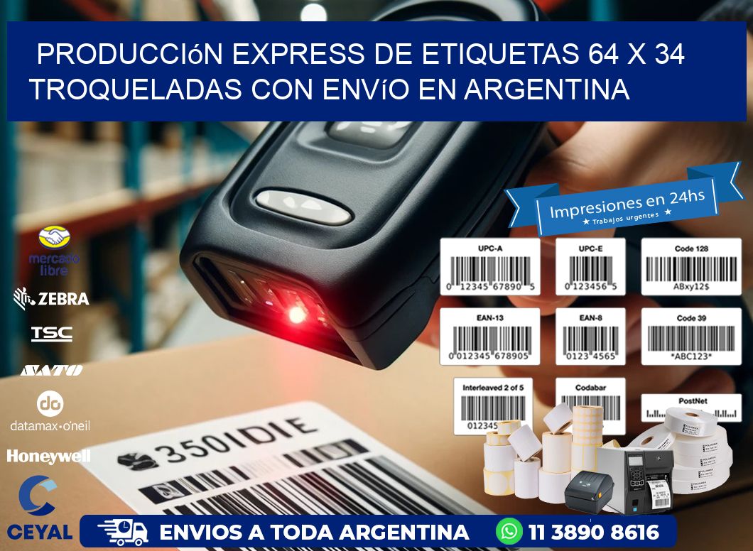 Producción express de etiquetas 64 x 34 troqueladas con envío en Argentina