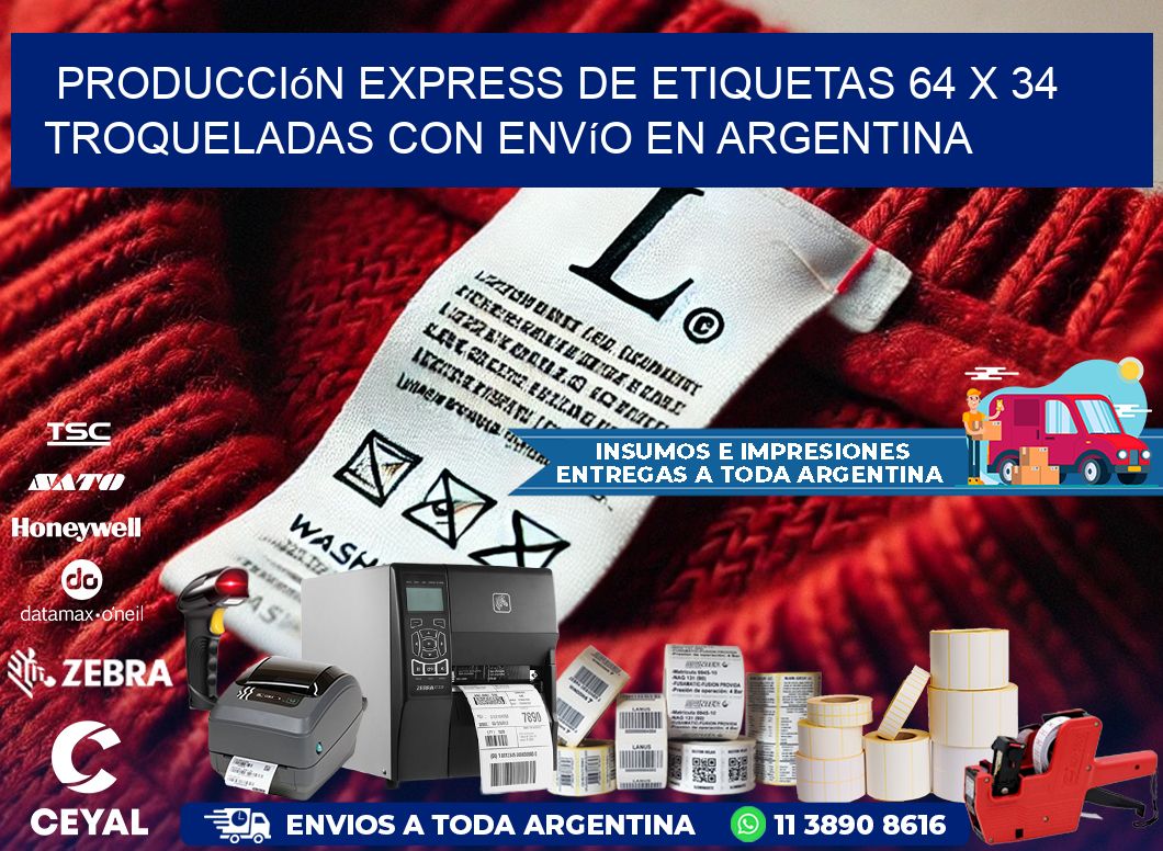 Producción express de etiquetas 64 x 34 troqueladas con envío en Argentina