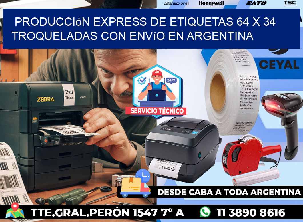 Producción express de etiquetas 64 x 34 troqueladas con envío en Argentina