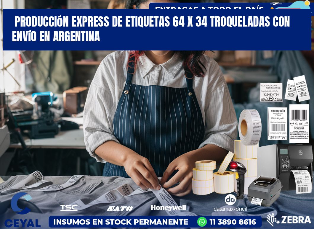 Producción express de etiquetas 64 x 34 troqueladas con envío en Argentina