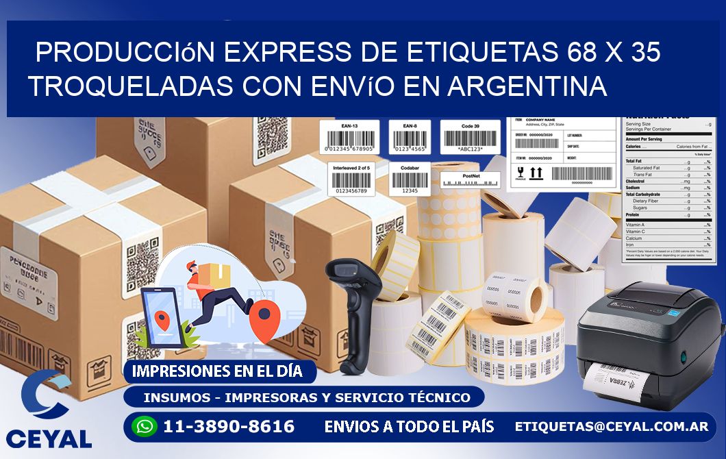 Producción express de etiquetas 68 x 35 troqueladas con envío en Argentina