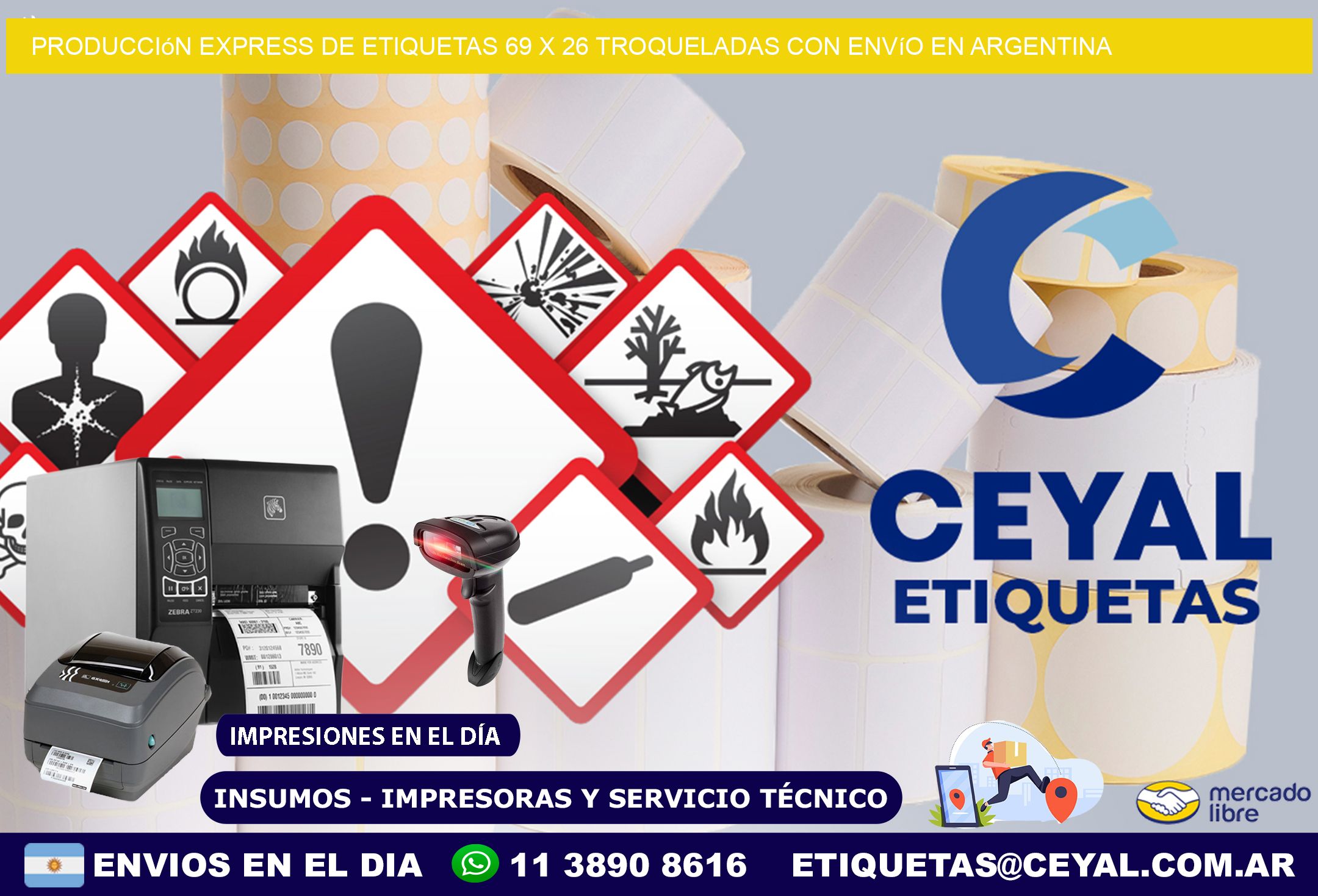 Producción express de etiquetas 69 x 26 troqueladas con envío en Argentina