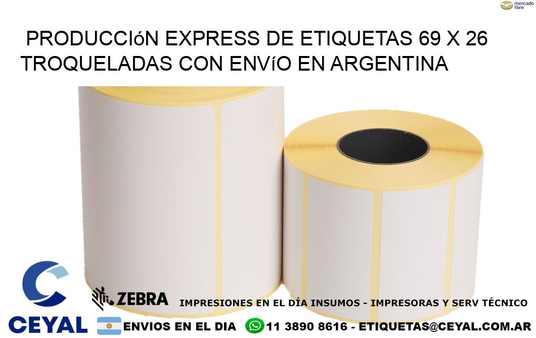 Producción express de etiquetas 69 x 26 troqueladas con envío en Argentina