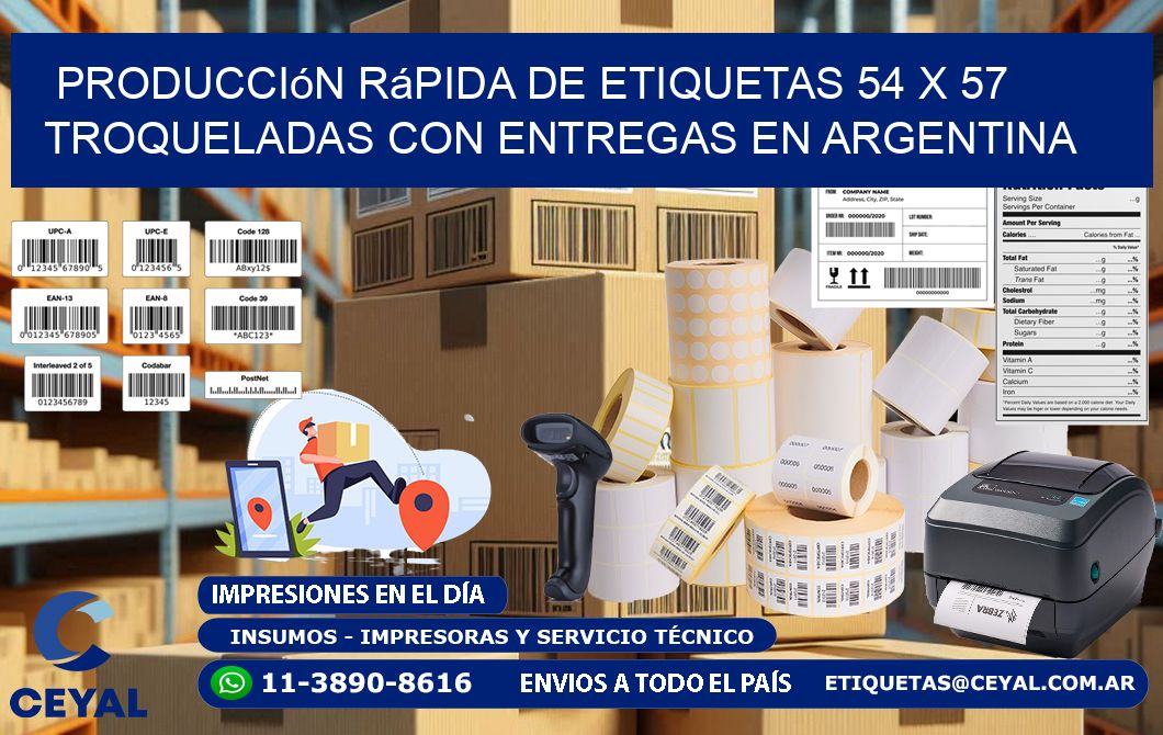Producción rápida de etiquetas 54 x 57 troqueladas con entregas en Argentina