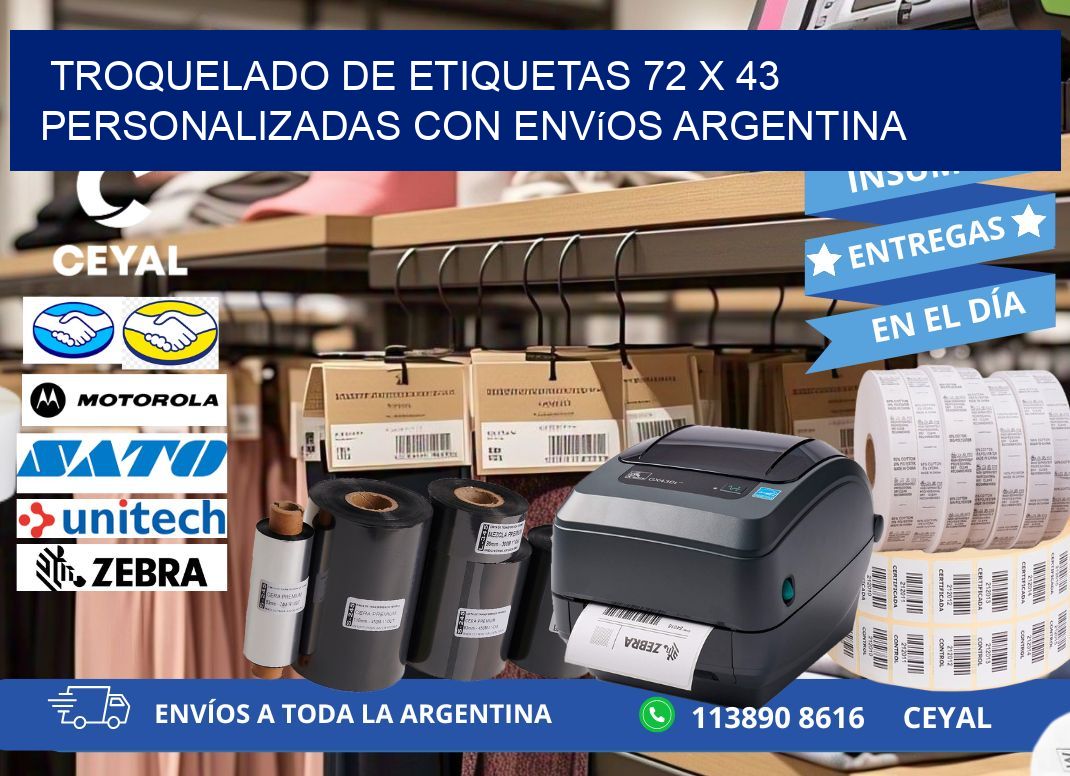 Troquelado de etiquetas 72 x 43 personalizadas con envíos Argentina