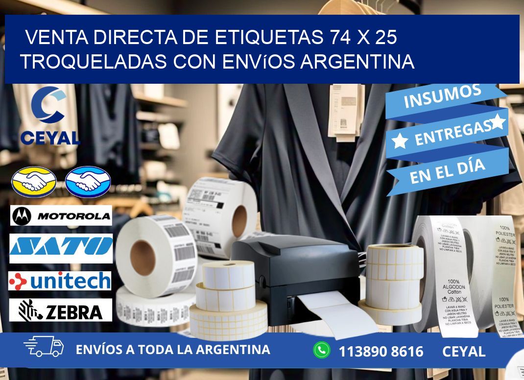 Venta directa de etiquetas 74 x 25 troqueladas con envíos Argentina
