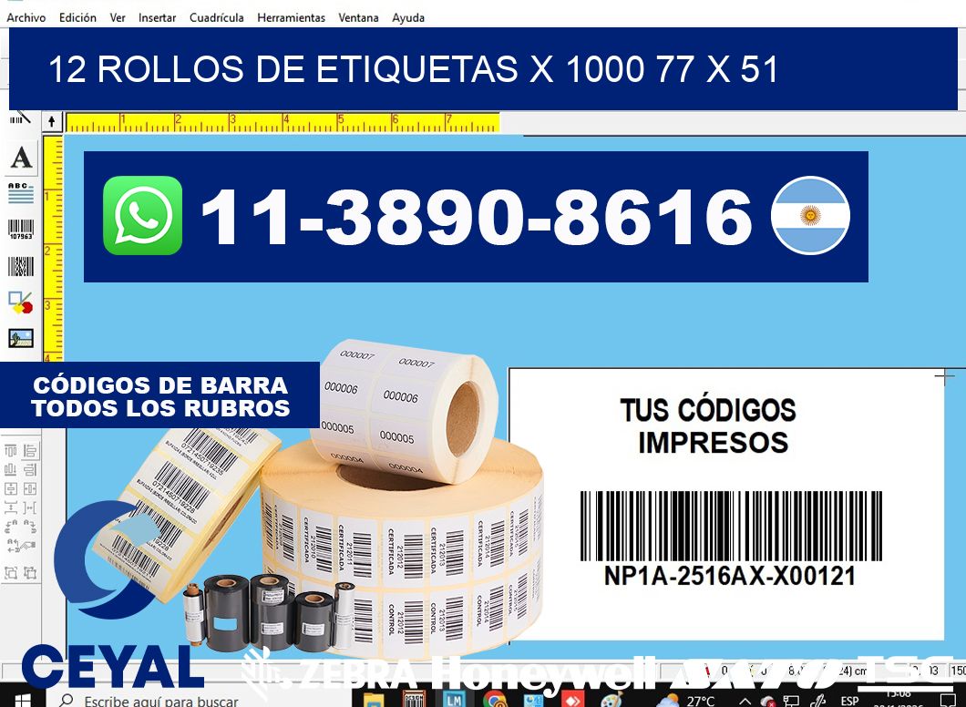 12 rollos de etiquetas x 1000 77 x 51