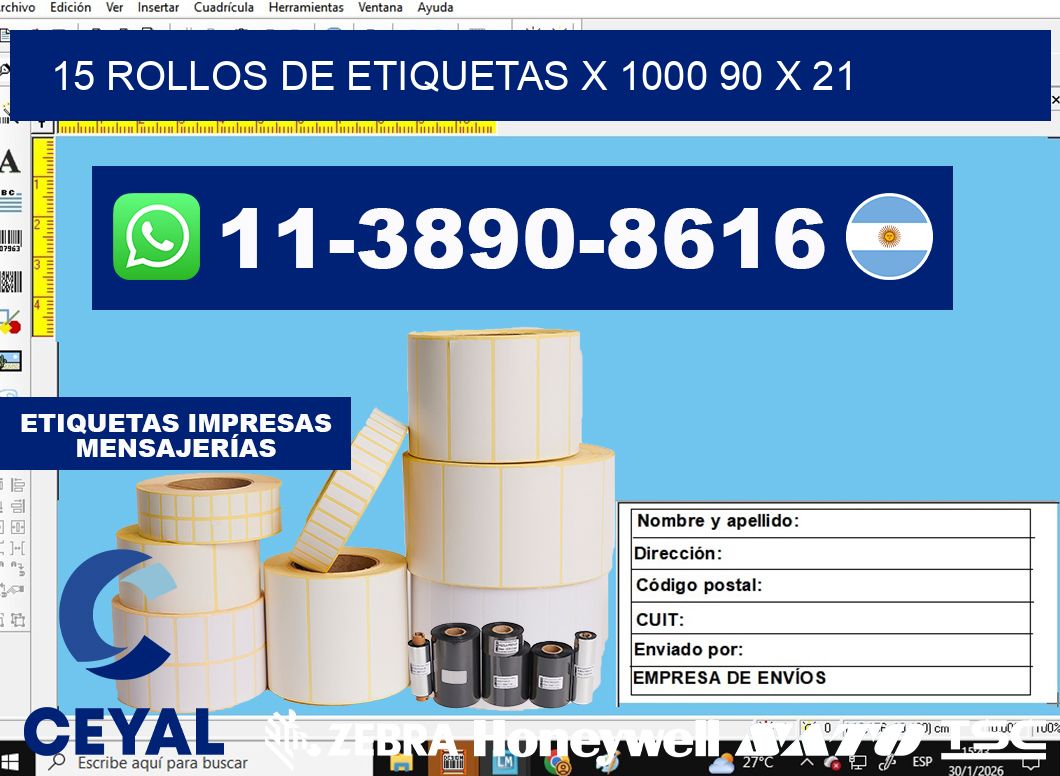15 rollos de etiquetas x 1000 90 x 21