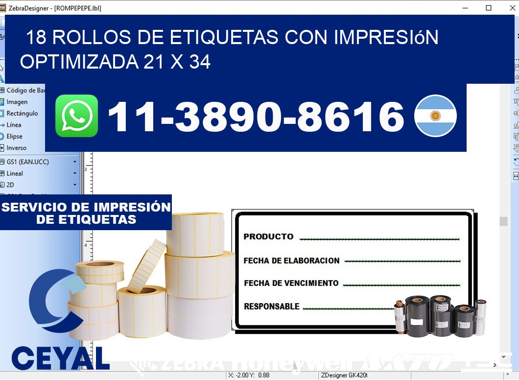 18 rollos de etiquetas con impresión optimizada 21 x 34