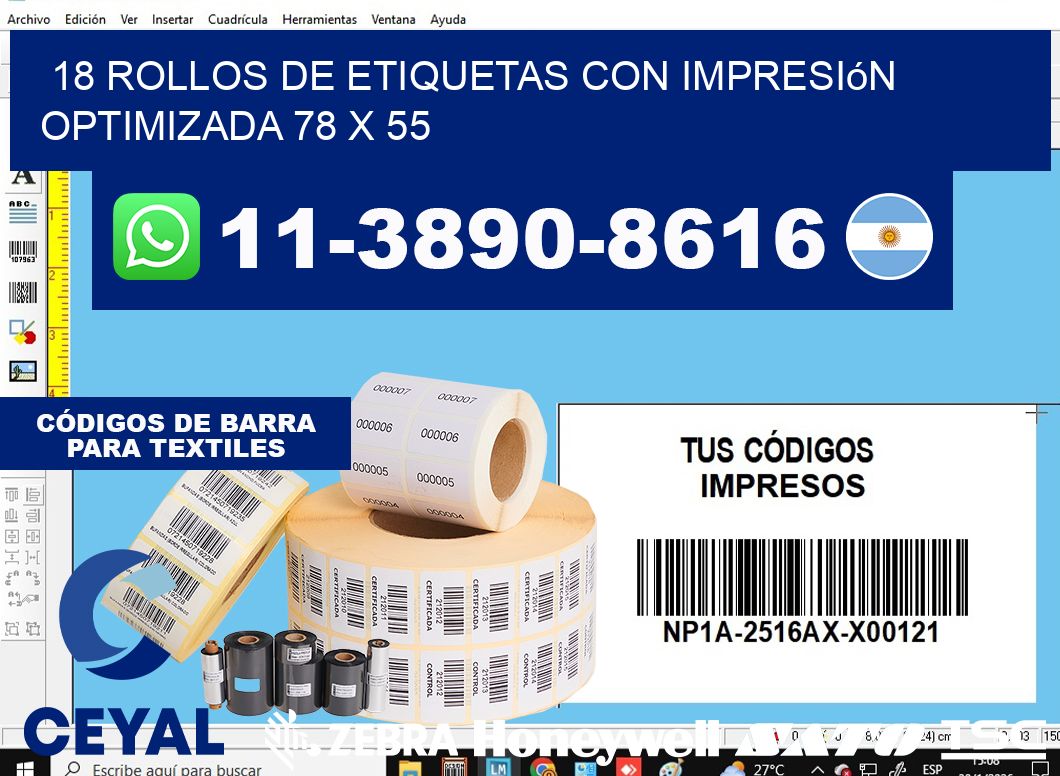 18 rollos de etiquetas con impresión optimizada 78 x 55