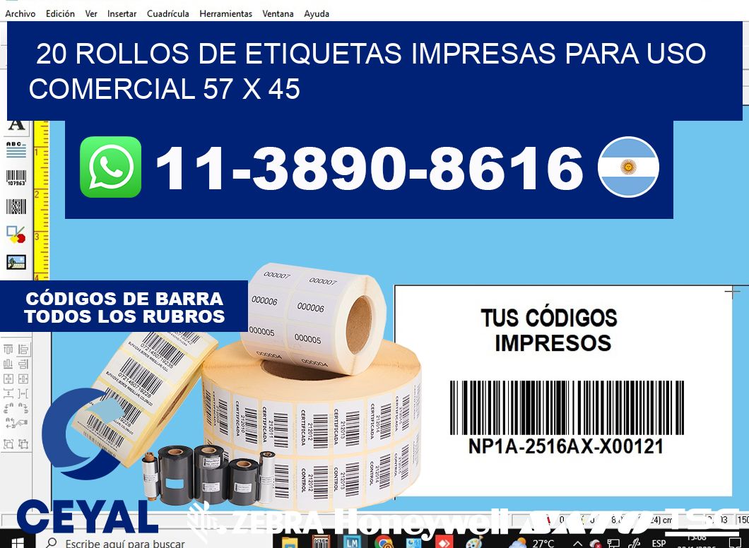20 rollos de etiquetas impresas para uso comercial 57 x 45