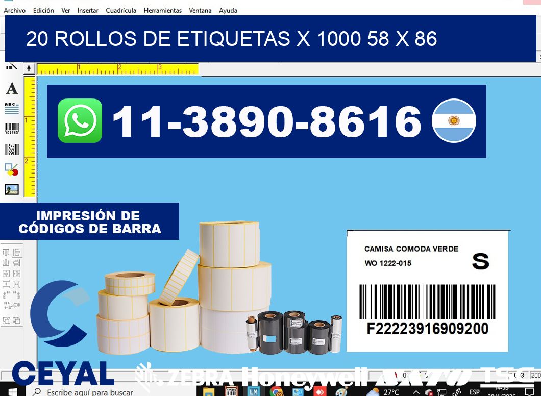 20 rollos de etiquetas x 1000 58 x 86