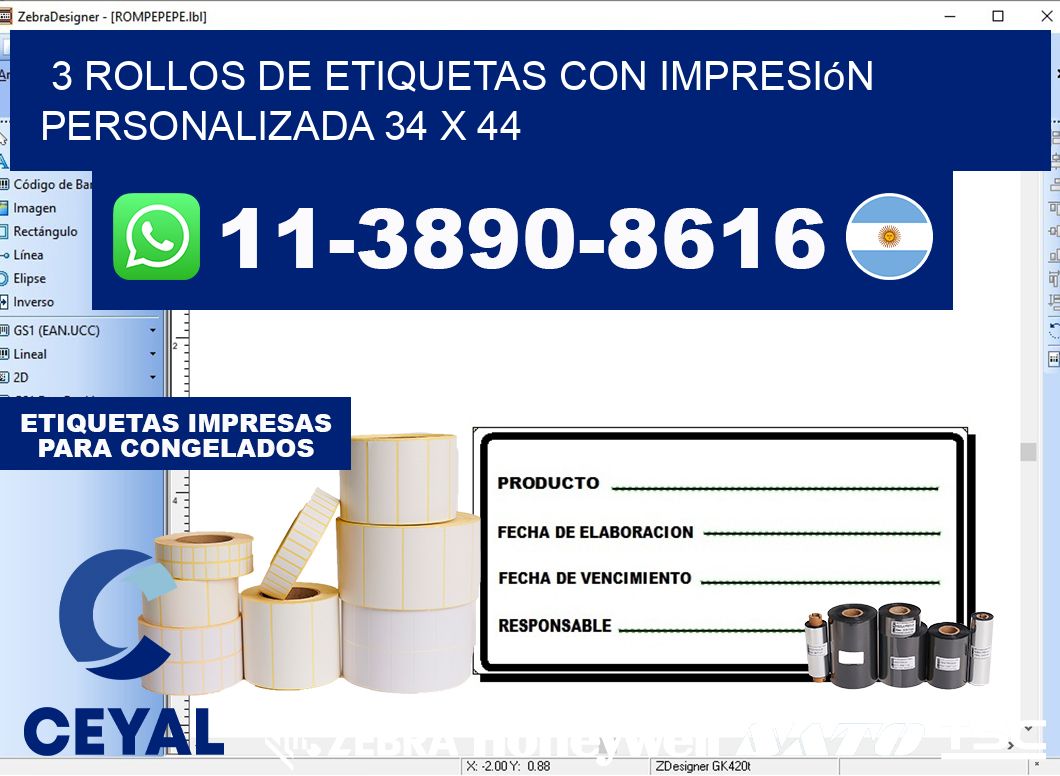 3 rollos de etiquetas con impresión personalizada 34 x 44