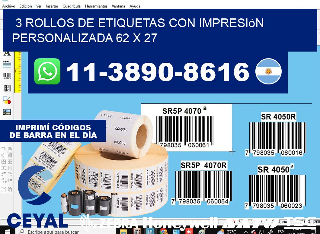 3 rollos de etiquetas con impresión personalizada 62 x 27