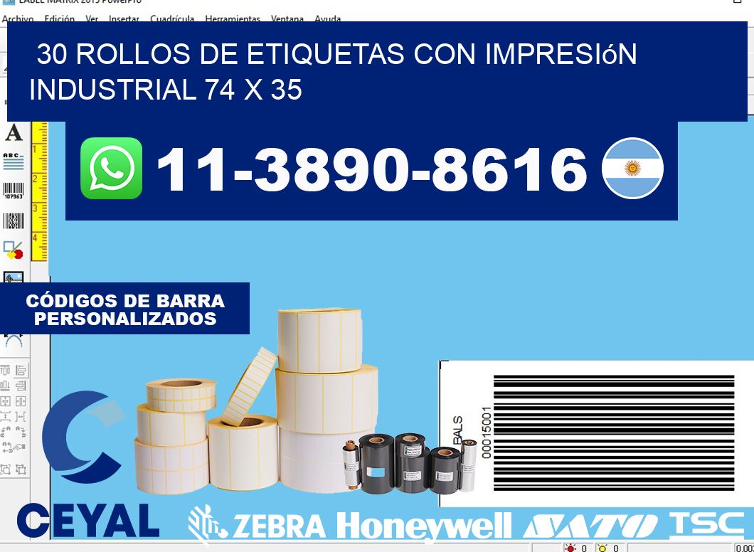 30 rollos de etiquetas con impresión industrial 74 x 35