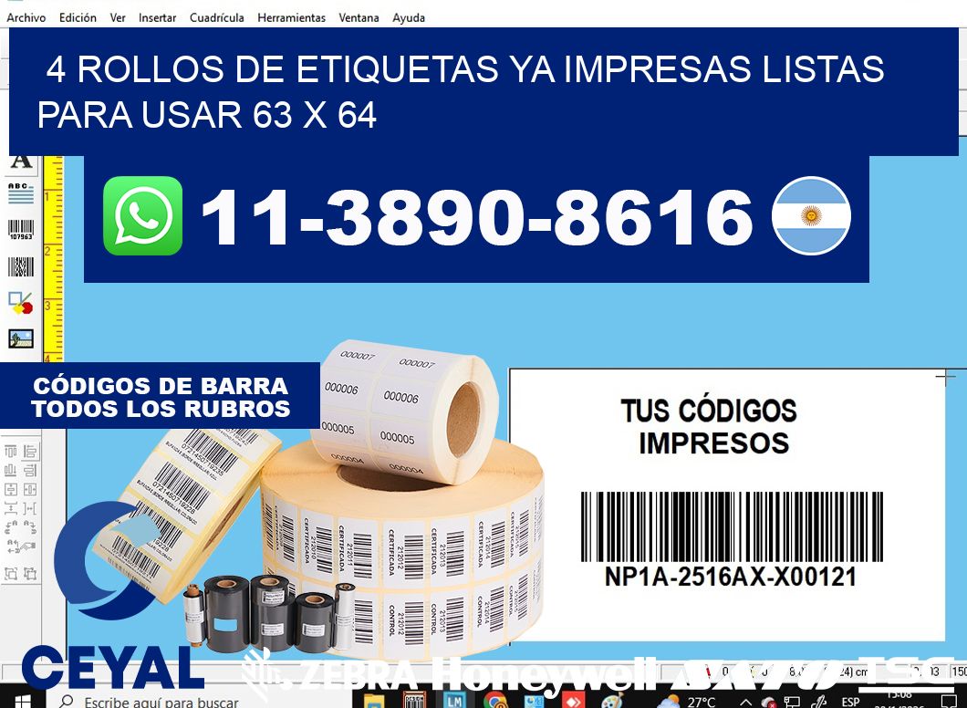 4 rollos de etiquetas ya impresas listas para usar 63 x 64