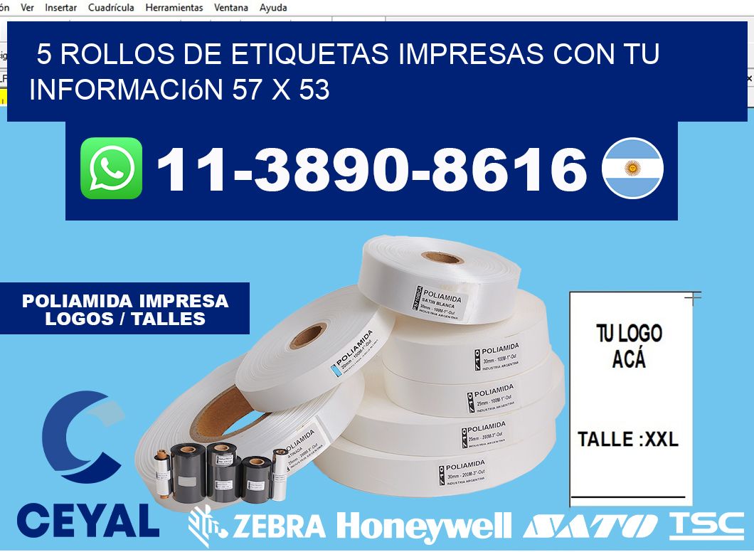 5 rollos de etiquetas impresas con tu información 57 x 53