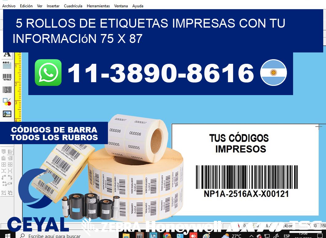 5 rollos de etiquetas impresas con tu información 75 x 87