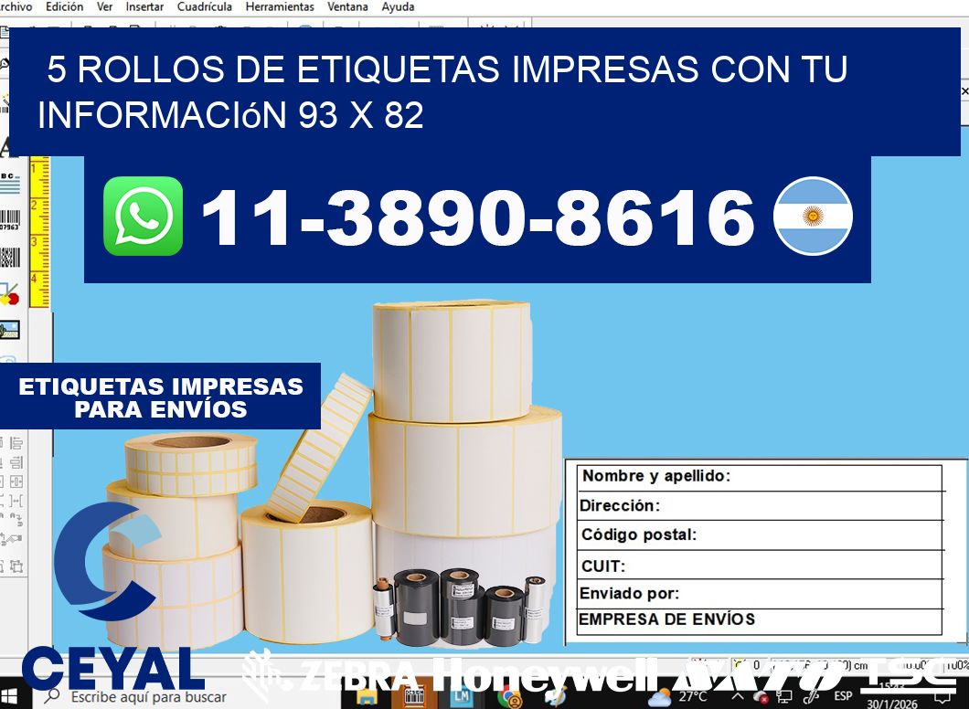 5 rollos de etiquetas impresas con tu información 93 x 82