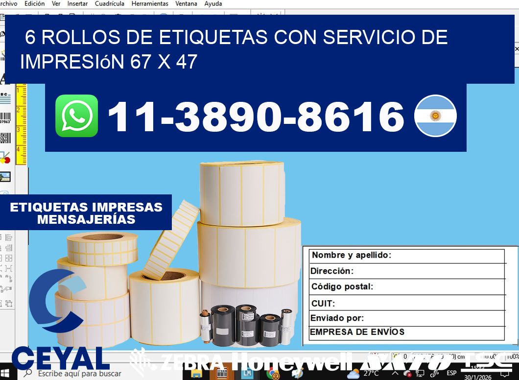 6 rollos de etiquetas con servicio de impresión 67 x 47