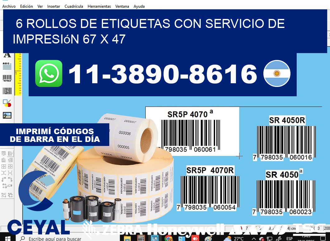 6 rollos de etiquetas con servicio de impresión 67 x 47