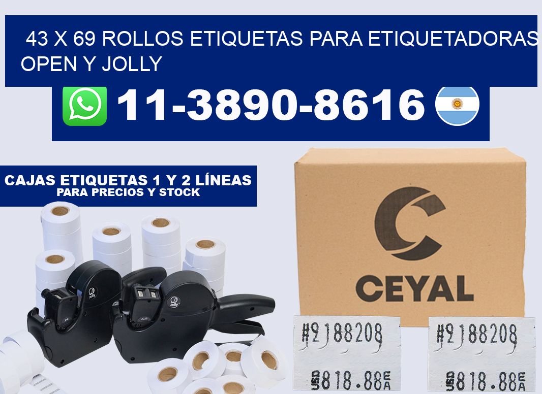43 x 69 Rollos etiquetas para etiquetadoras open y jolly